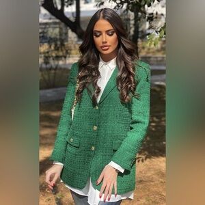 Zara Emerald Green Textured FittedTweed Blazer with Gold Buttons